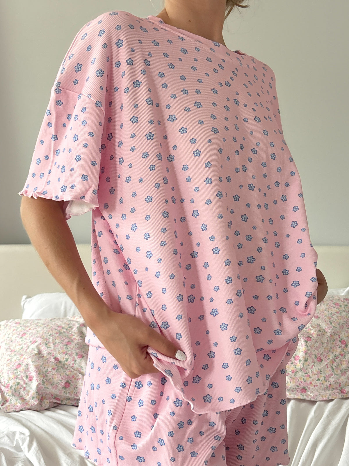 Light Pink Lilo Blue Floral Short Sleeve Pajama Top