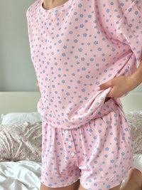 Light Pink Lilo Blue Floral Pajama Shorts