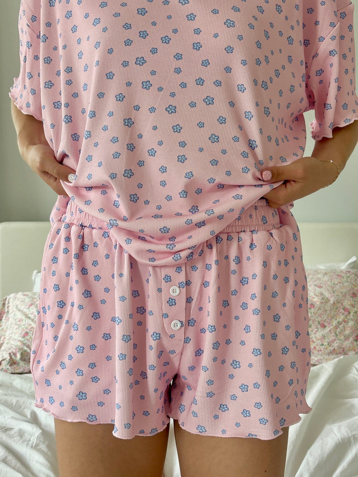 Light Pink Lilo Blue Floral Pajama Shorts