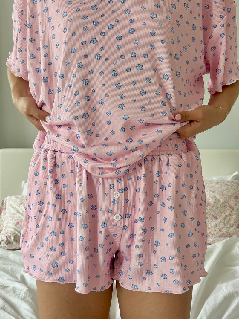 Light Pink Lilo Blue Floral Pajama Shorts