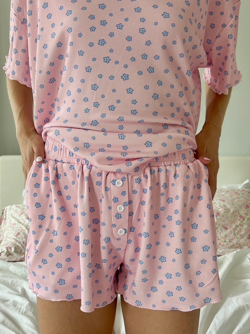 Light Pink Lilo Blue Floral Pajama Shorts