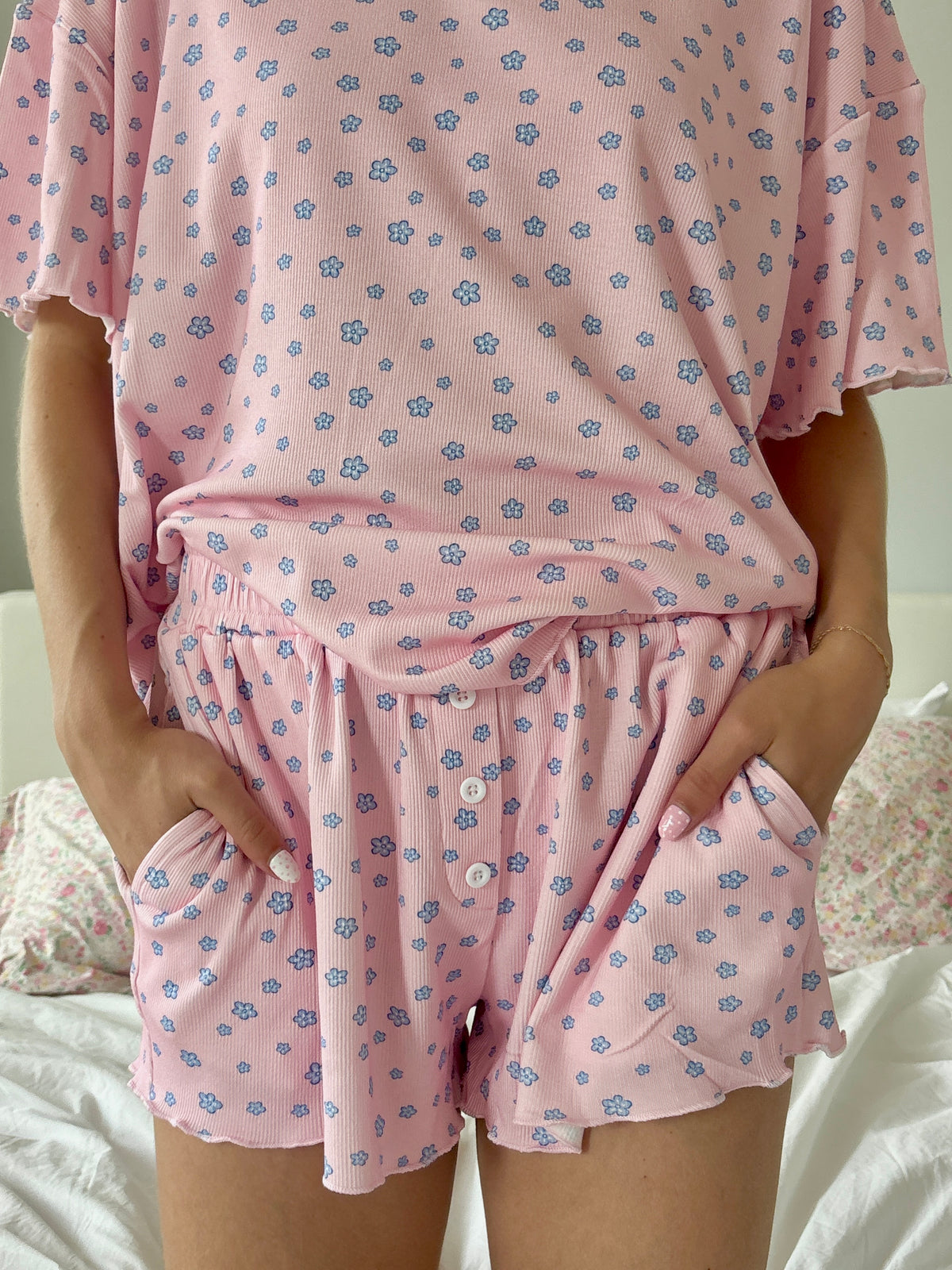 Light Pink Lilo Blue Floral Pajama Shorts
