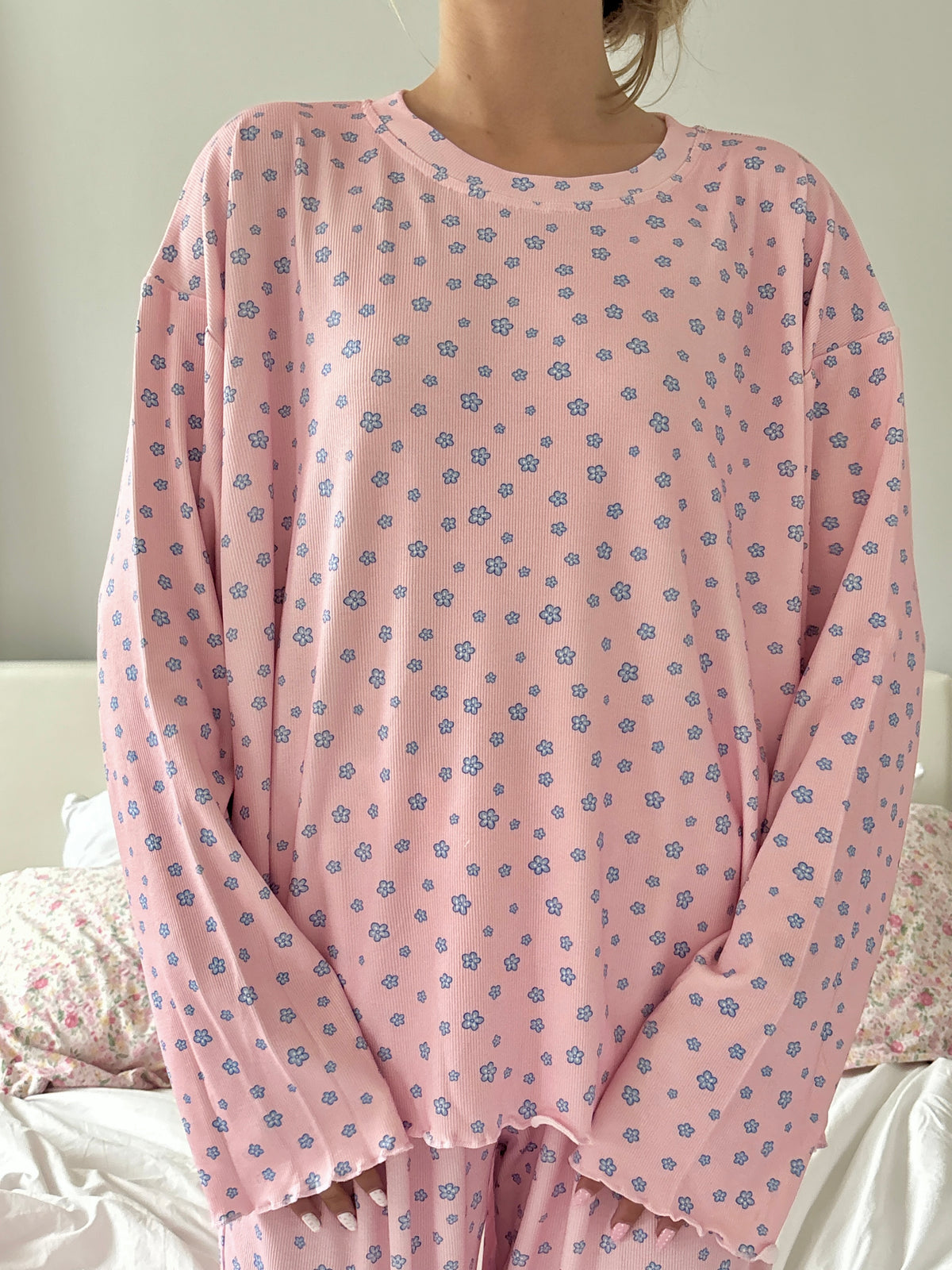 Light Pink Lilo Blue Floral Long Sleeve Pajama Top