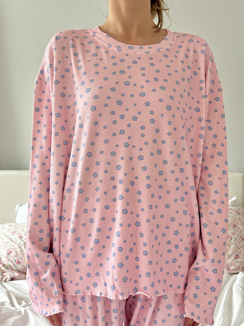 Light Pink Lilo Blue Floral Long Sleeve Pajama Top
