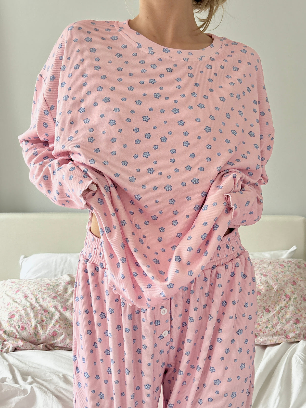 Light Pink Lilo Blue Floral Long Sleeve Pajama Top