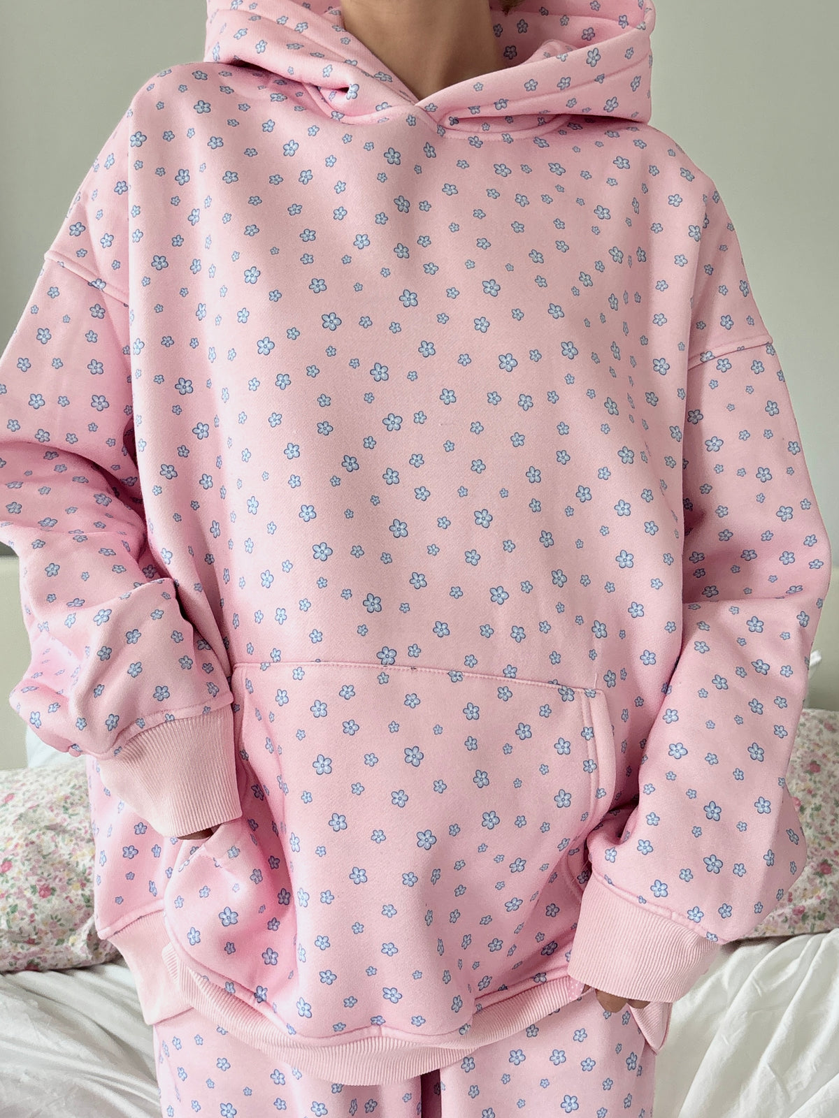 Light Pink Lilo Blue Floral Hoodie