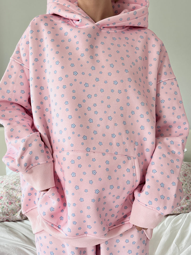 Light Pink Lilo Blue Floral Hoodie
