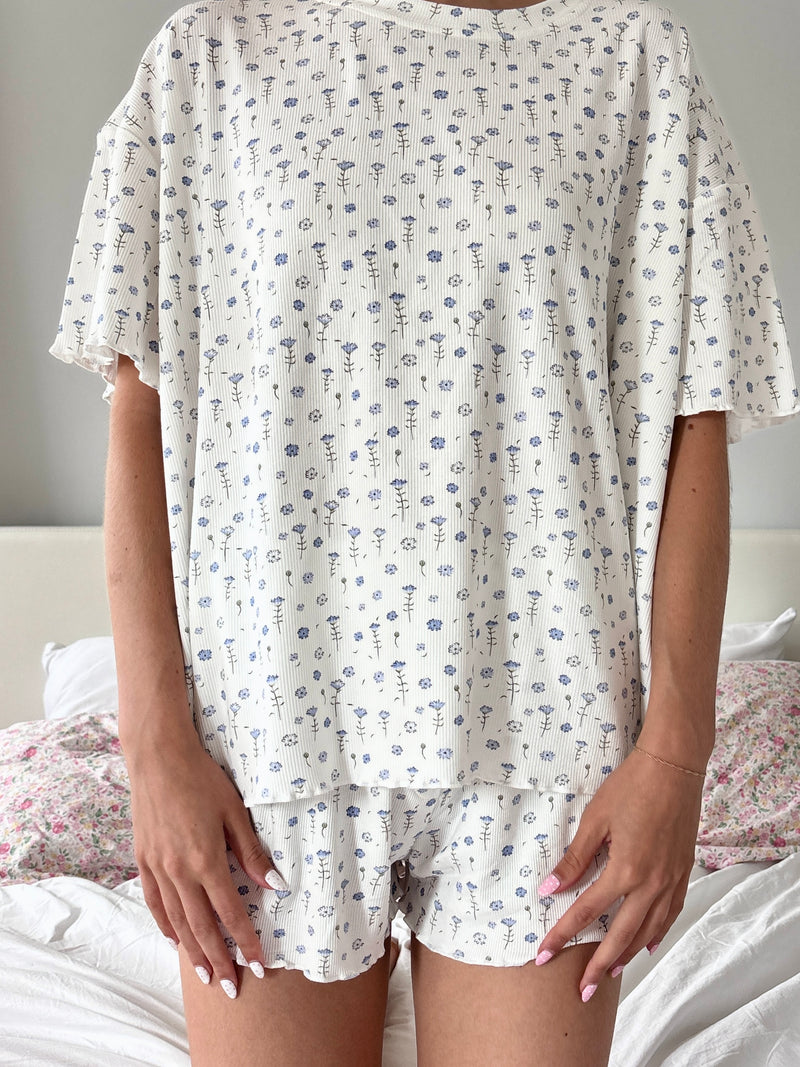 White Ditsy Blue Floral Short Sleeve Pajama Top