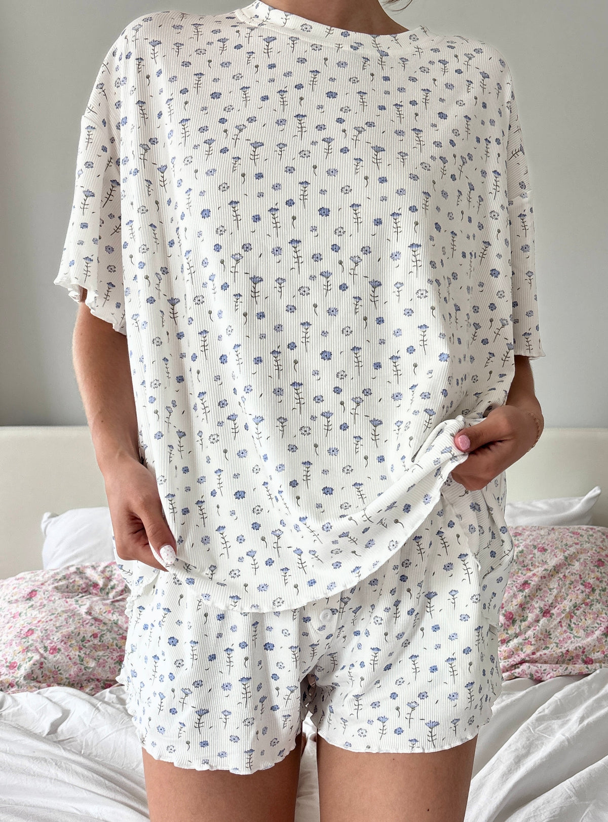 White Ditsy Blue Floral Short Sleeve Pajama Top