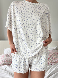 White Ditsy Blue Floral Short Sleeve Pajama Top
