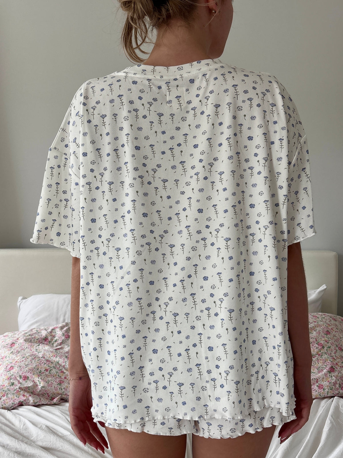White Ditsy Blue Floral Short Sleeve Pajama Top