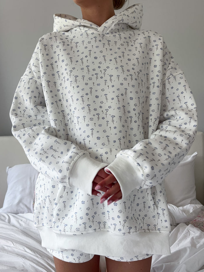 White Ditsy Blue Floral Hoodie