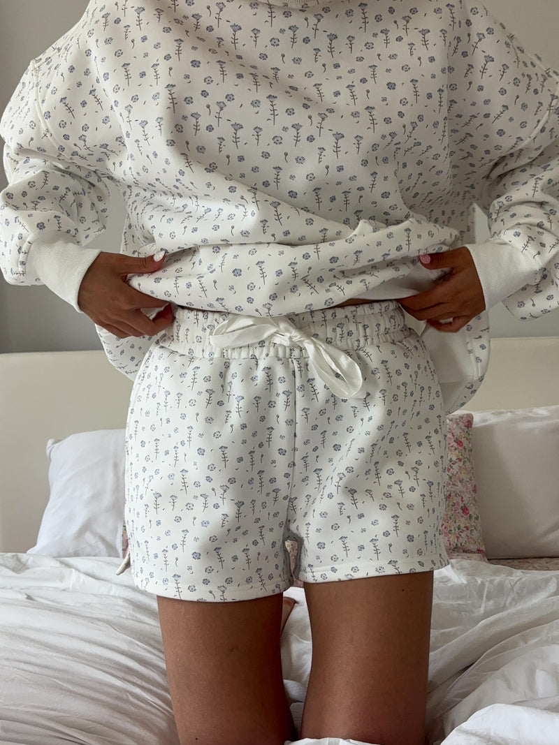 White Ditsy Blue Floral Sweat Shorts