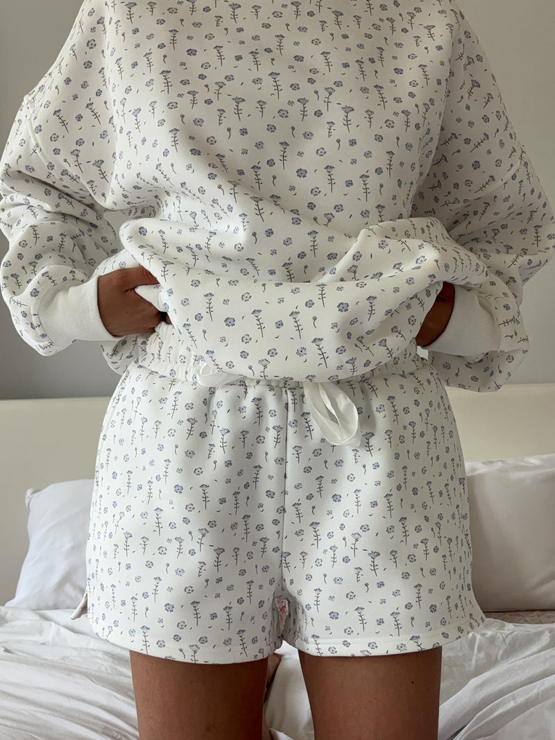 White Ditsy Blue Floral Sweat Shorts