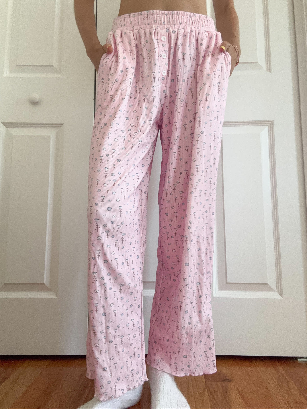 Light Pink Ditsy Blue Floral Pajama Pants
