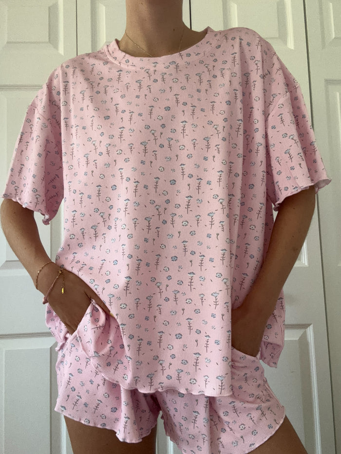 Light Pink Ditsy Blue Floral Short Sleeve Pajama Top