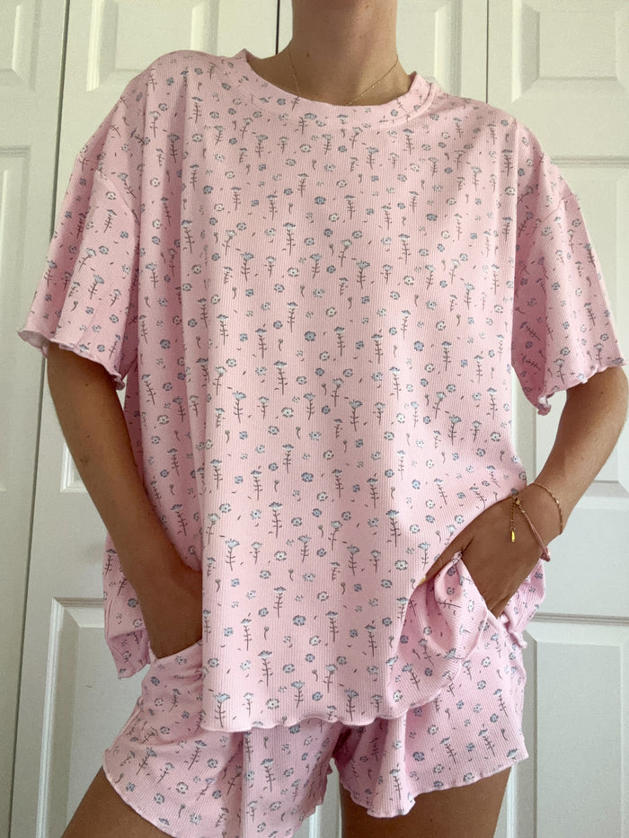 Light Pink Ditsy Blue Floral Short Sleeve Pajama Top