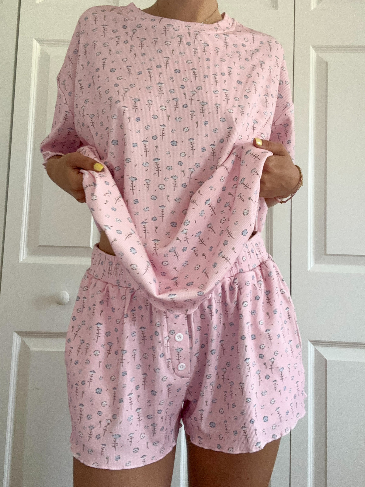 Light Pink Ditsy Blue Floral Pajama Shorts