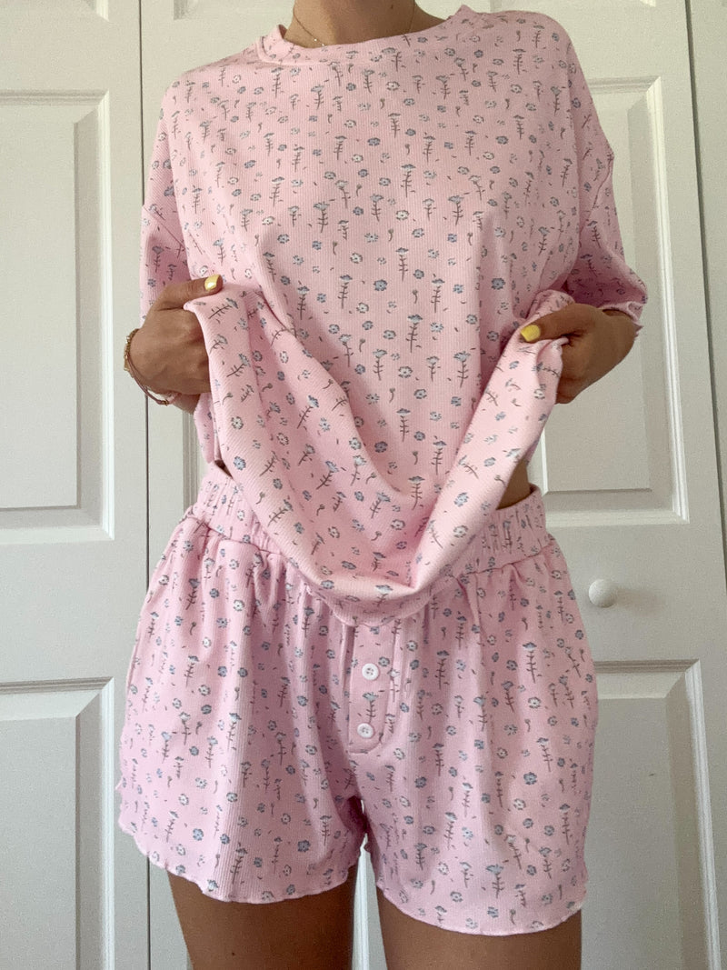 Light Pink Ditsy Blue Floral Pajama Shorts