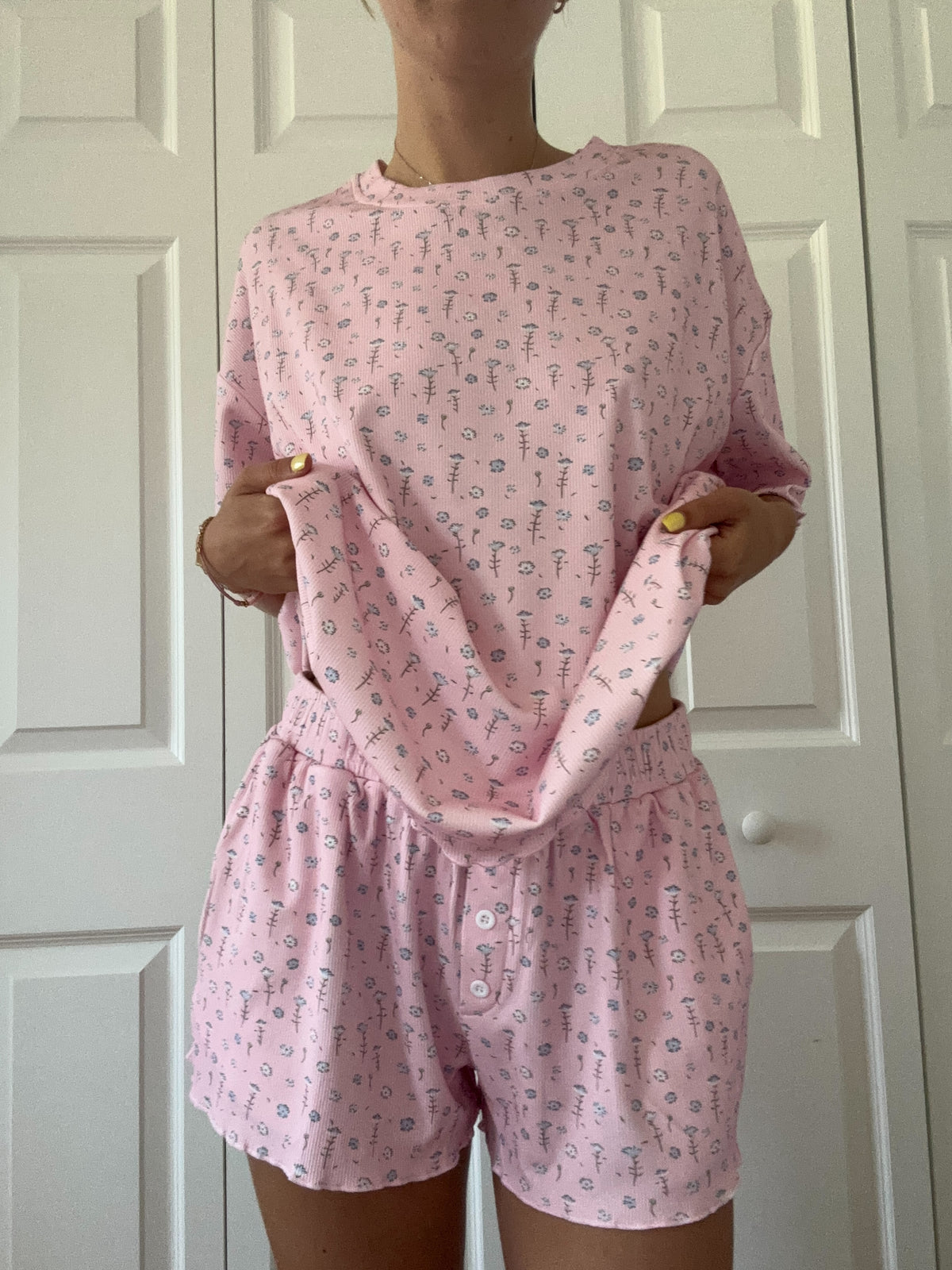 Light Pink Ditsy Blue Floral Pajama Shorts