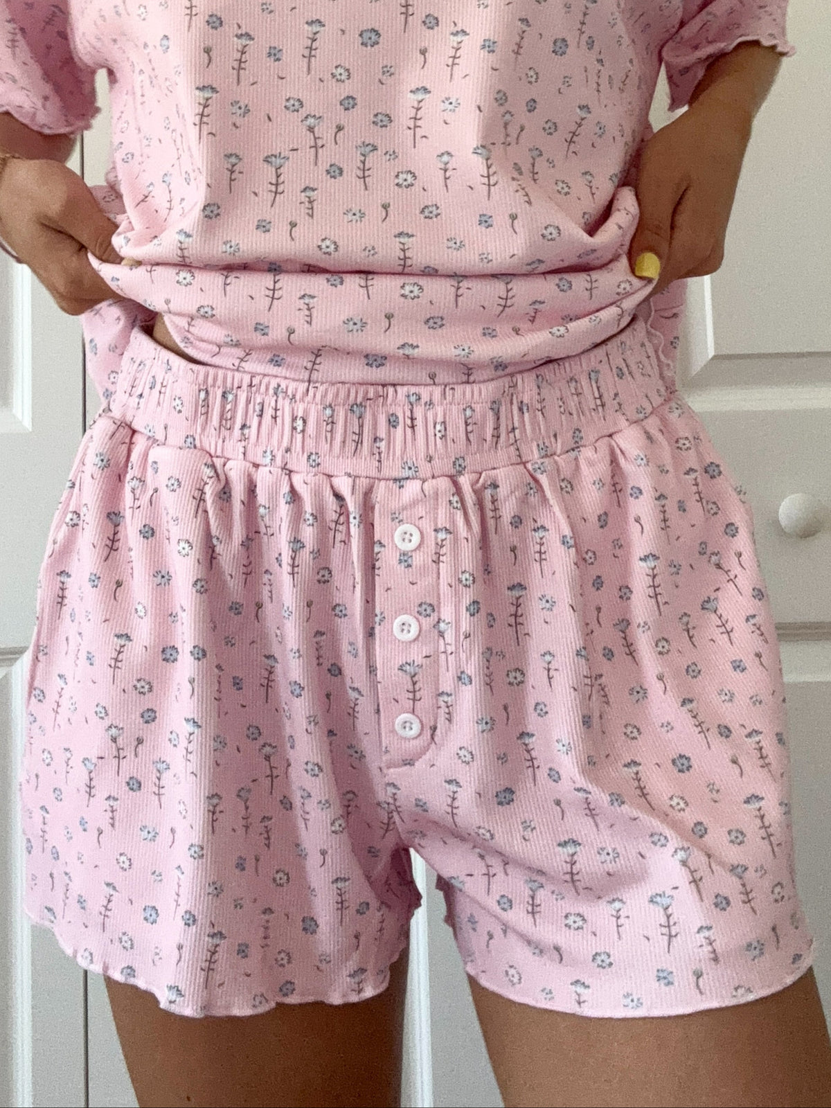 Light Pink Ditsy Blue Floral Pajama Shorts