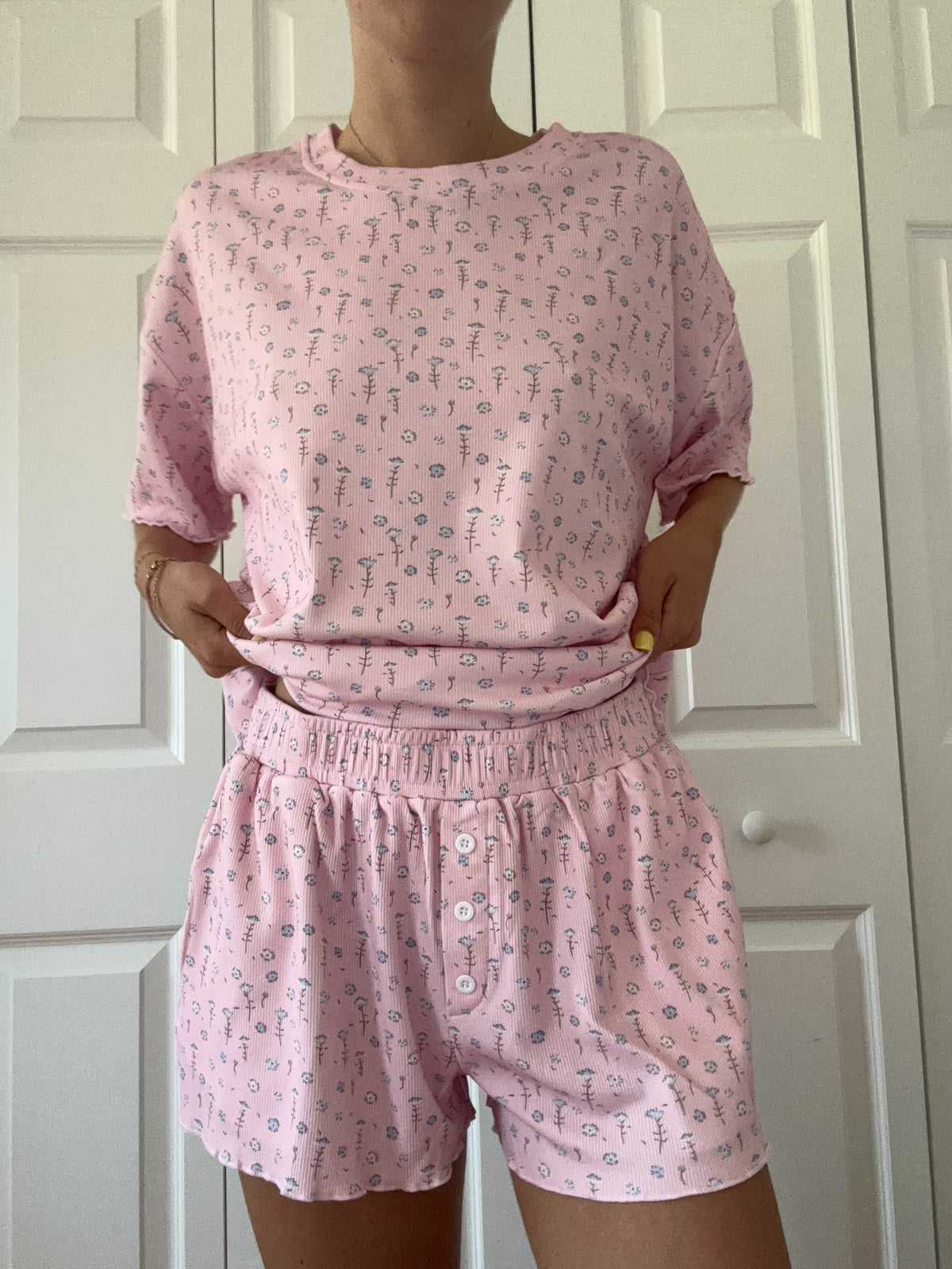 Light Pink Ditsy Blue Floral Pajama Shorts