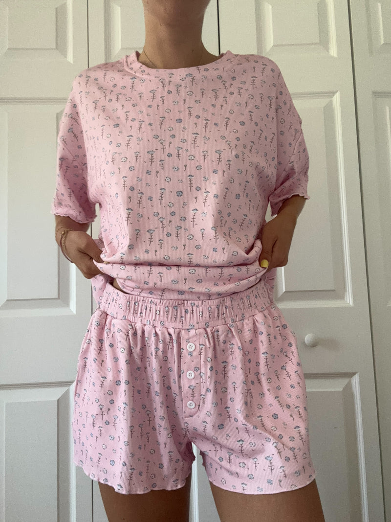 Light Pink Ditsy Blue Floral Pajama Shorts