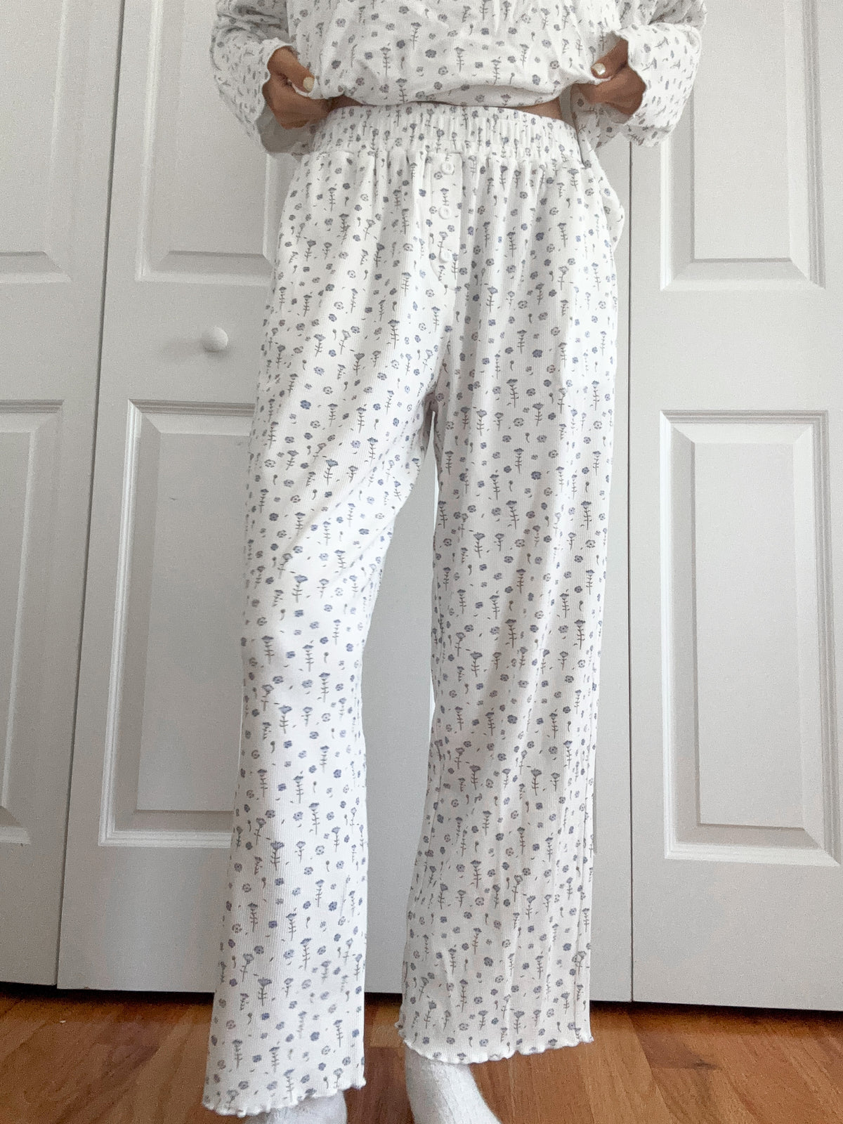 White Ditsy Blue Floral Pajama Pants
