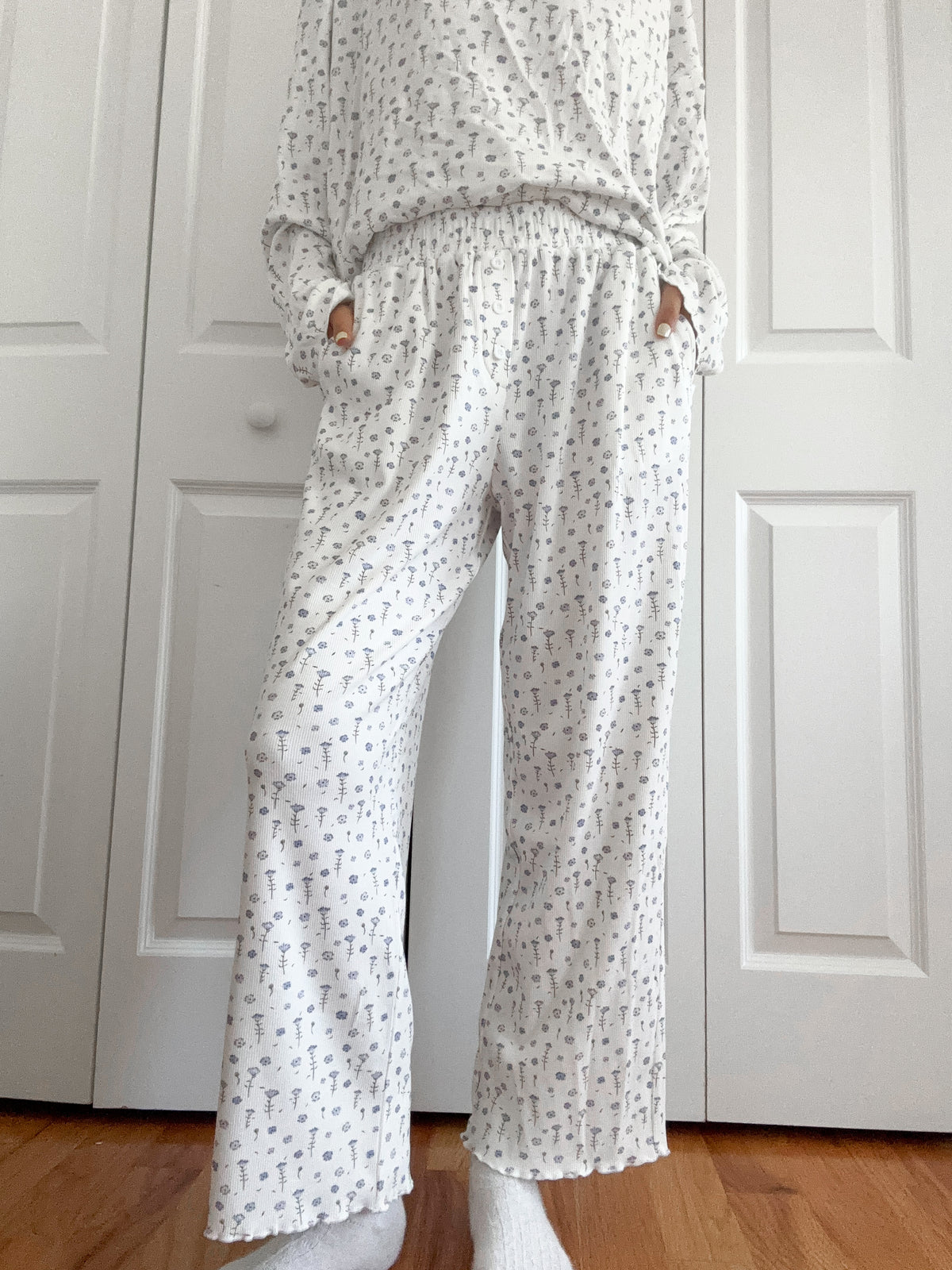 White Ditsy Blue Floral Pajama Pants