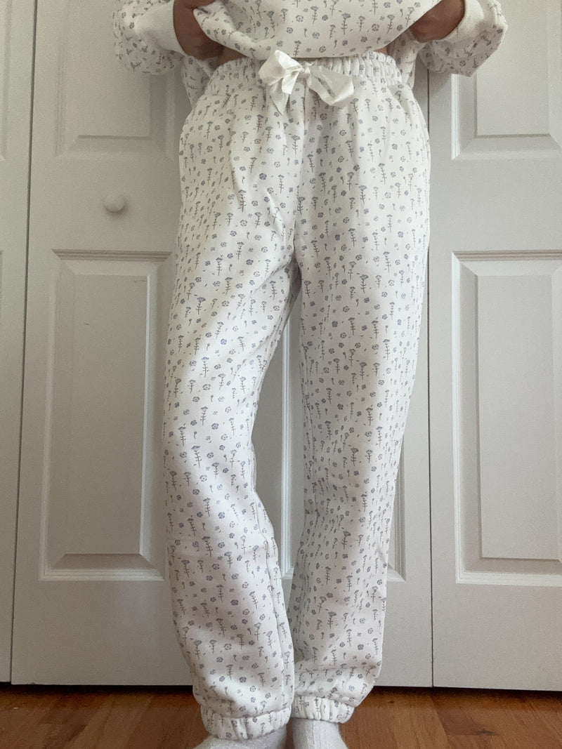White Ditsy Blue Floral Joggers