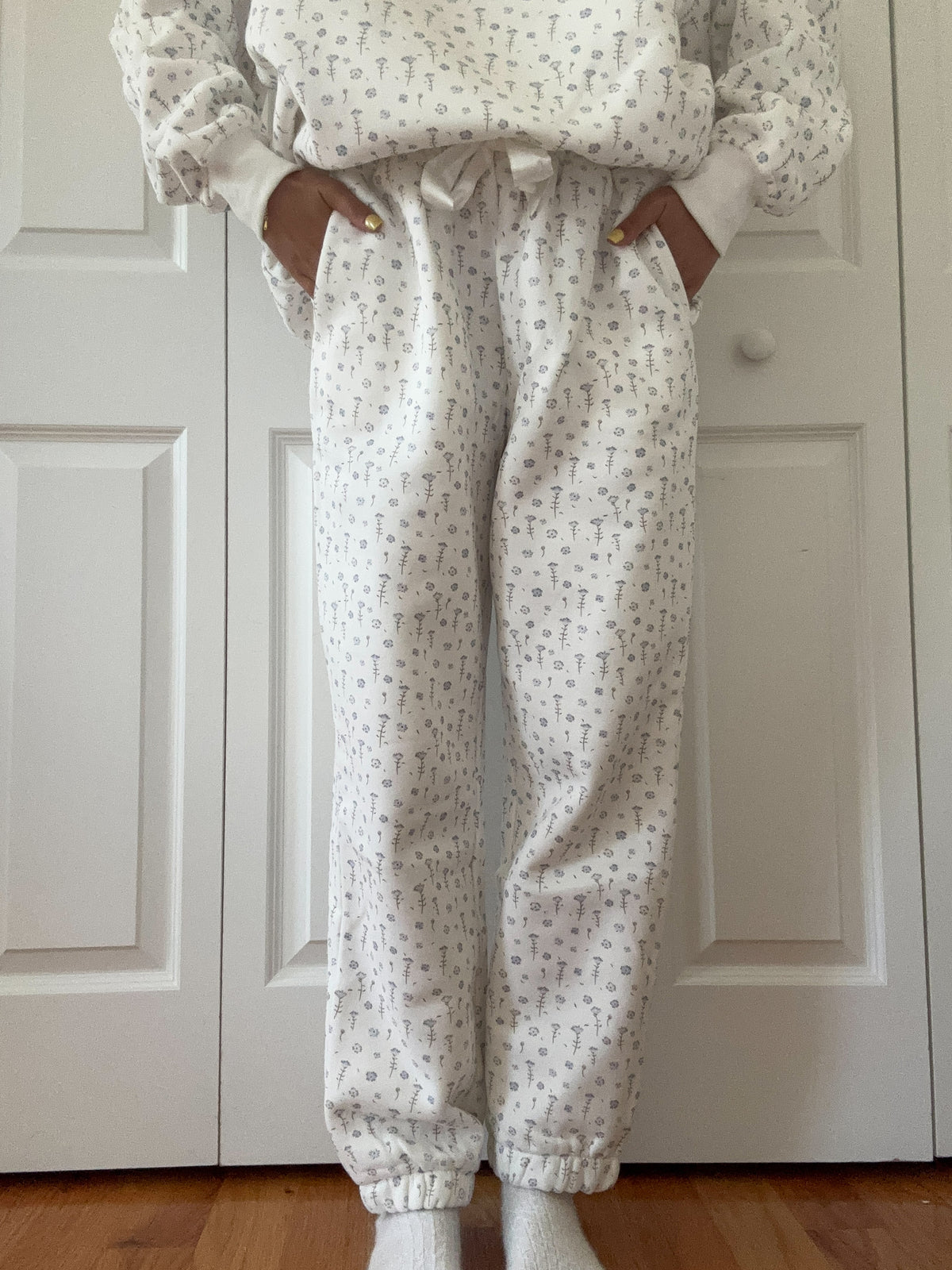 White Ditsy Blue Floral Joggers