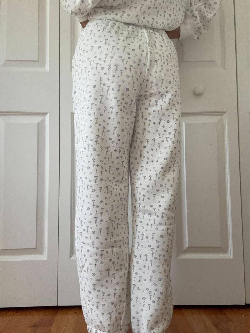 White Ditsy Blue Floral Joggers
