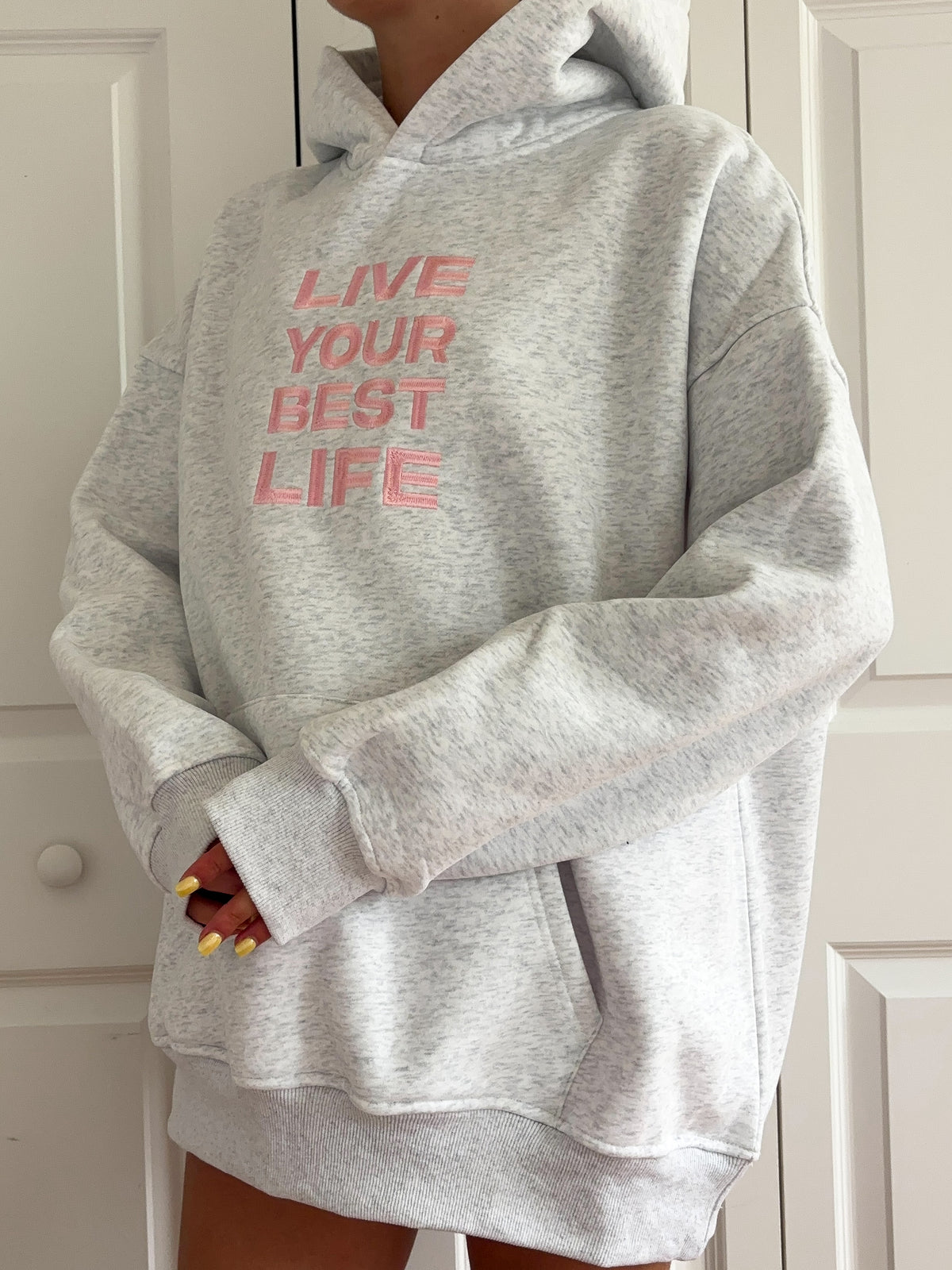 Pearl Grey Live Your Best Life Embroider Hoodie