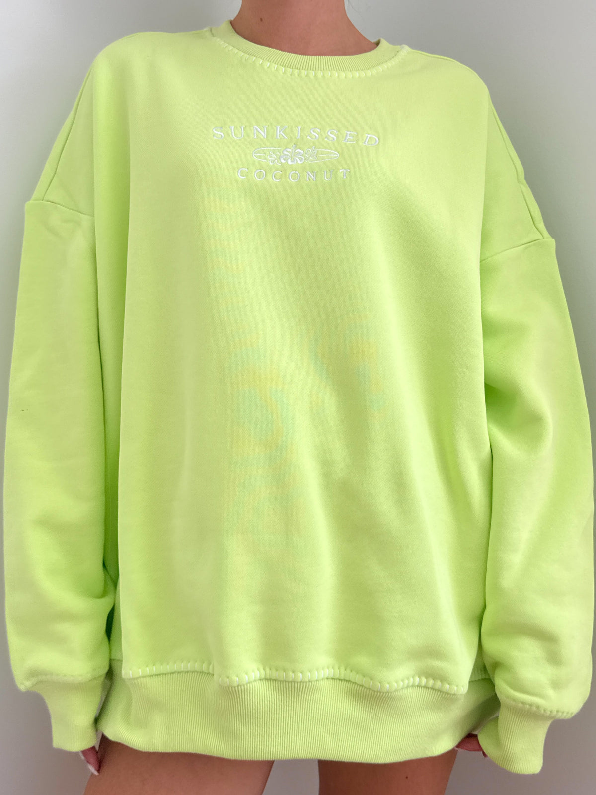 Light Lime Green Stitched Sunkissedcoconut Logo Sweatshirt 100% Cotton