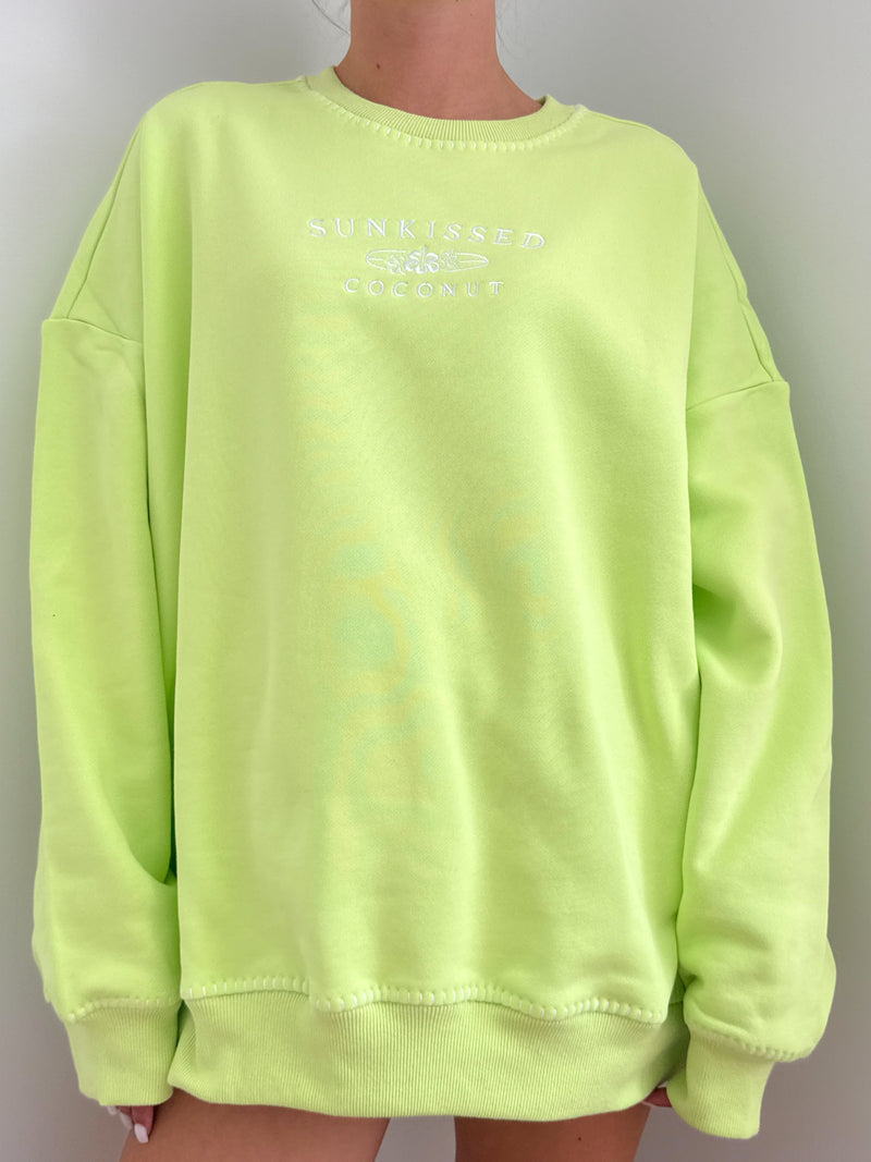 Light Lime Green Stitched Sunkissedcoconut Logo Sweatshirt 100% Cotton
