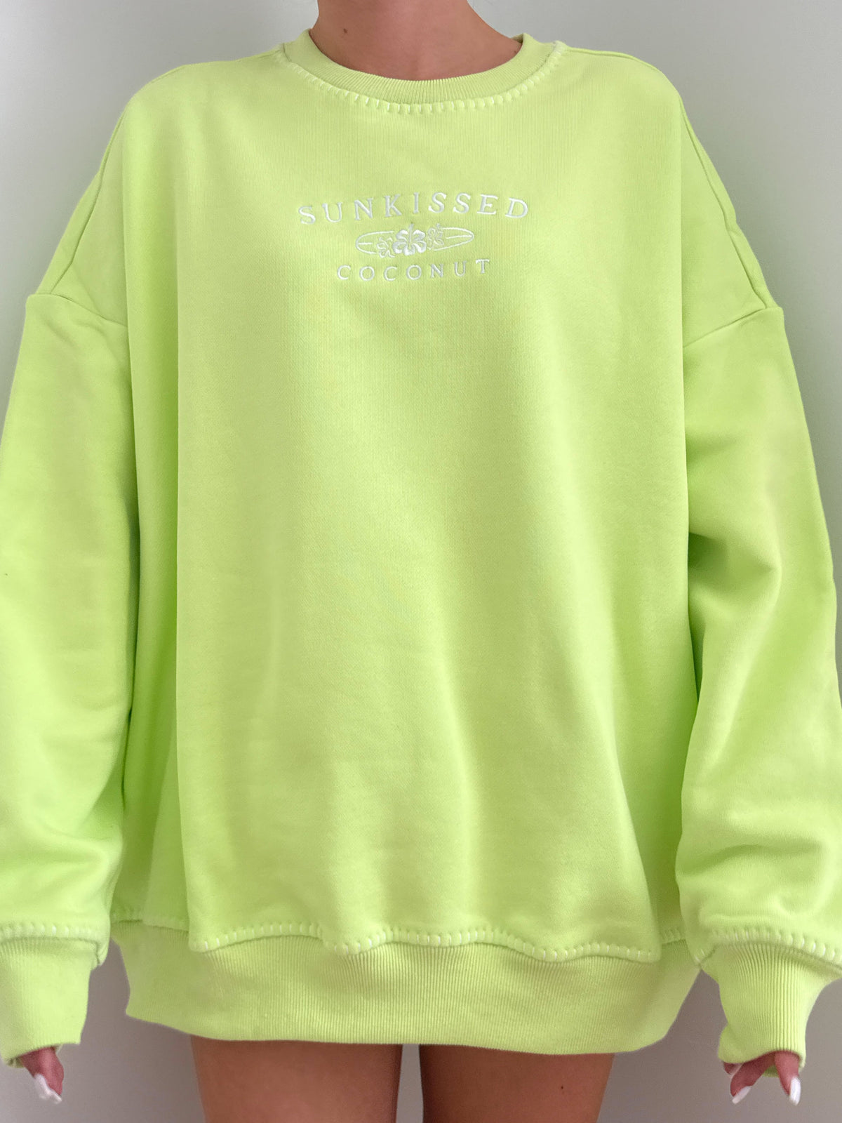 Light Lime Green Stitched Sunkissedcoconut Logo Sweatshirt 100% Cotton