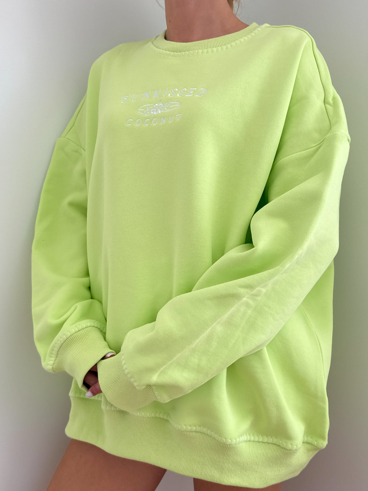 Light Lime Green Stitched Sunkissedcoconut Logo Sweatshirt 100% Cotton