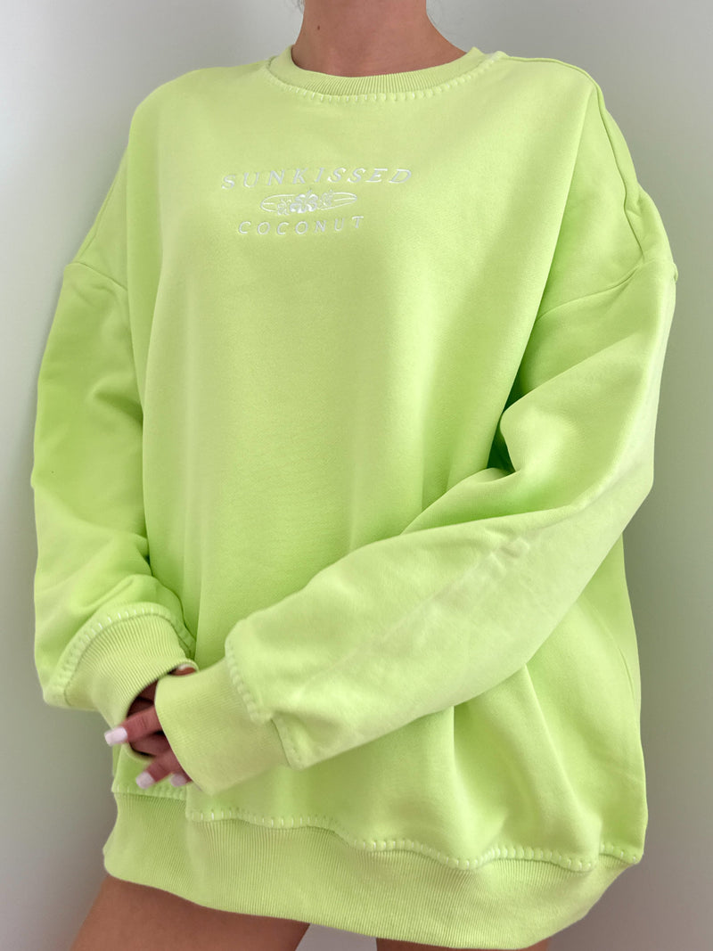 Light Lime Green Stitched Sunkissedcoconut Logo Sweatshirt 100% Cotton