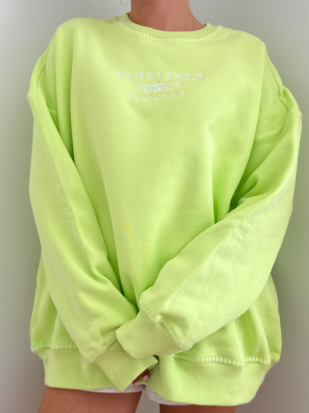 Light Lime Green Stitched Sunkissedcoconut Logo Sweatshirt 100% Cotton