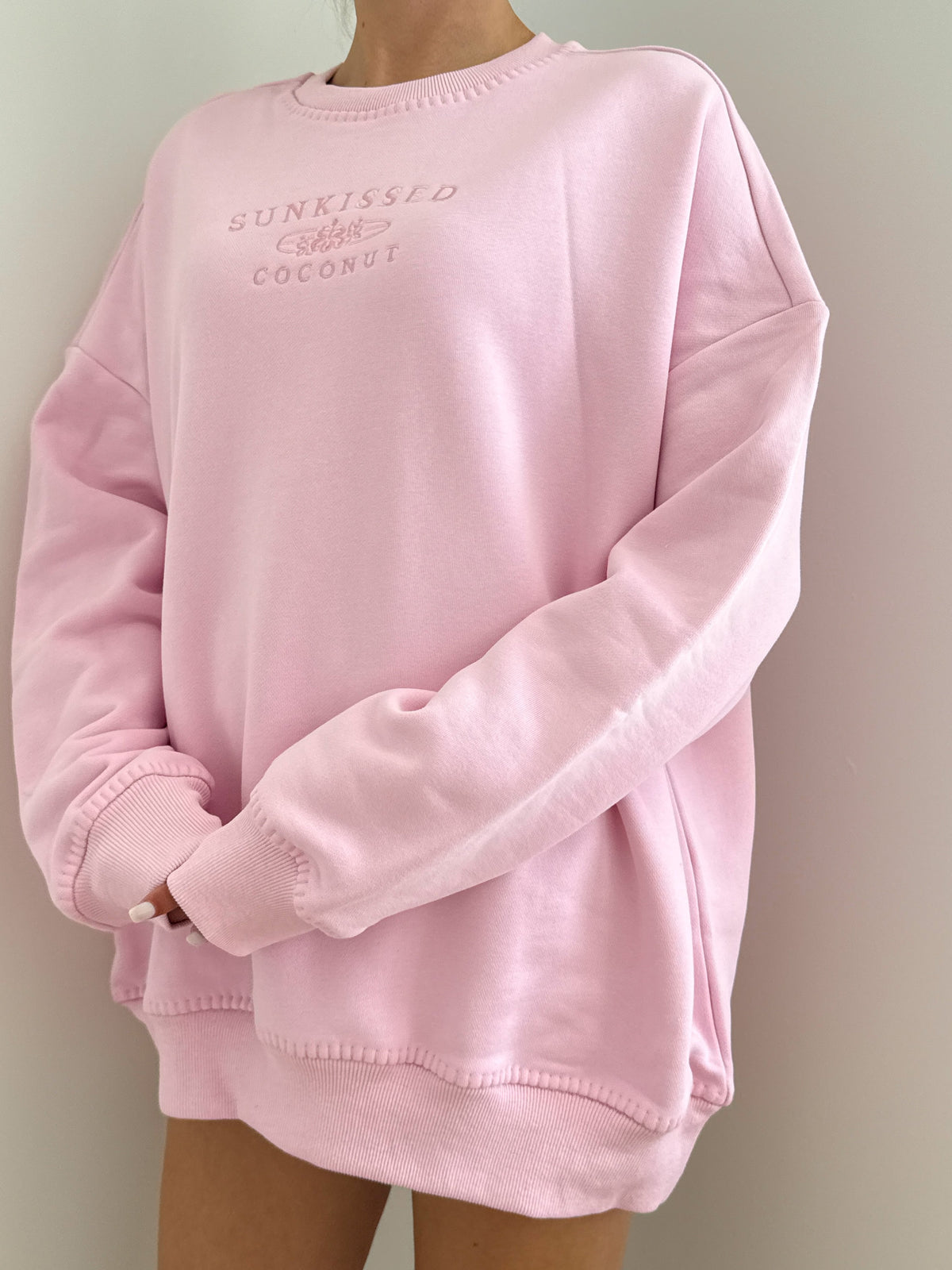 Stitched Sunkissedcoconut Embroidered Oversized Crewneck Sweatshirt 100% Cotton