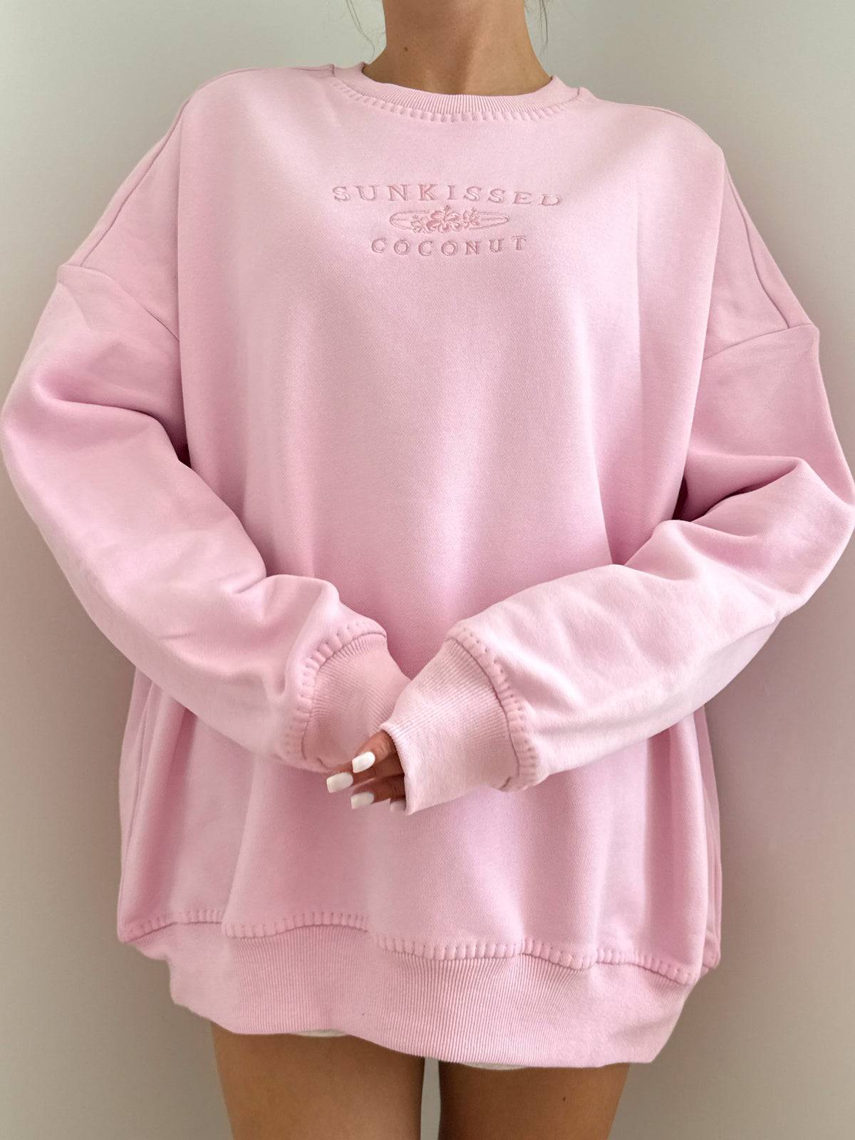 Stitched Sunkissedcoconut Embroidered Oversized Crewneck Sweatshirt 100% Cotton