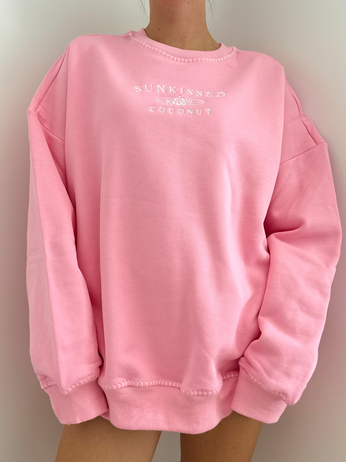 Stitched Sunkissedcoconut Embroidered Oversized Crewneck Sweatshirt 100% Cotton