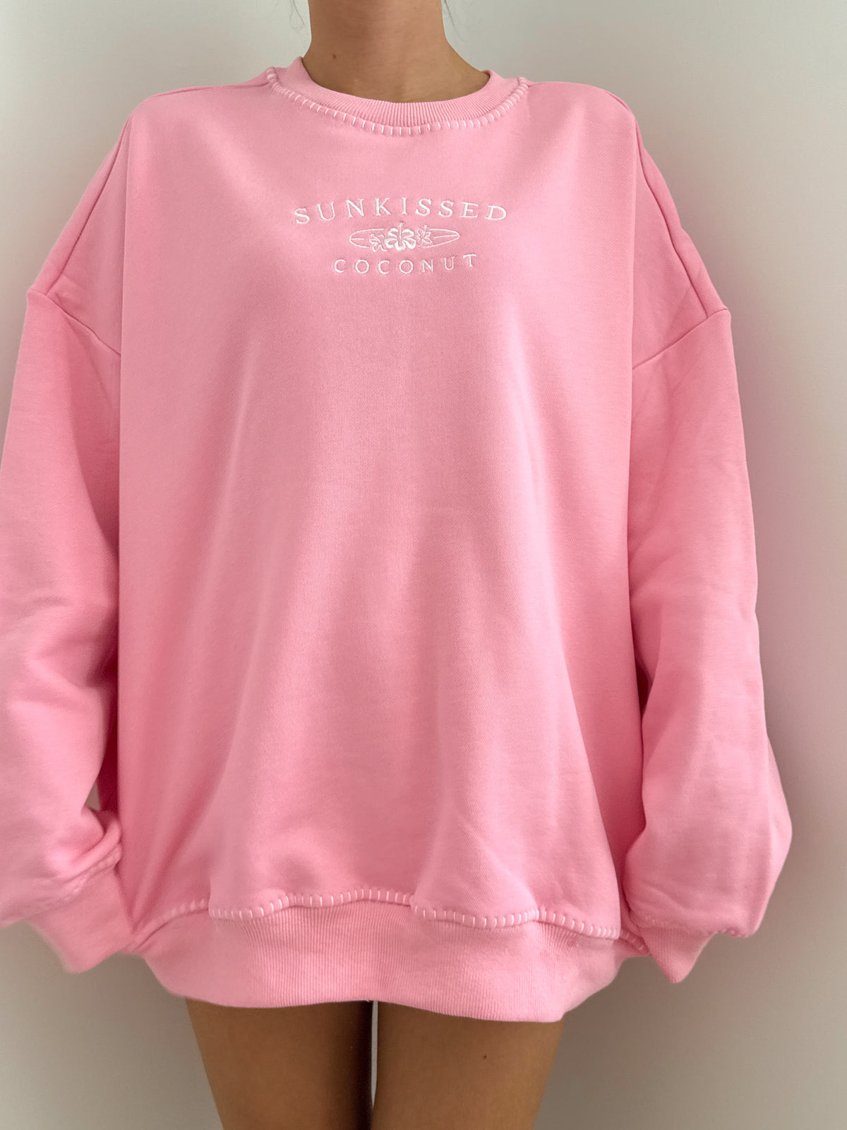 Stitched Sunkissedcoconut Embroidered Oversized Crewneck Sweatshirt 100% Cotton