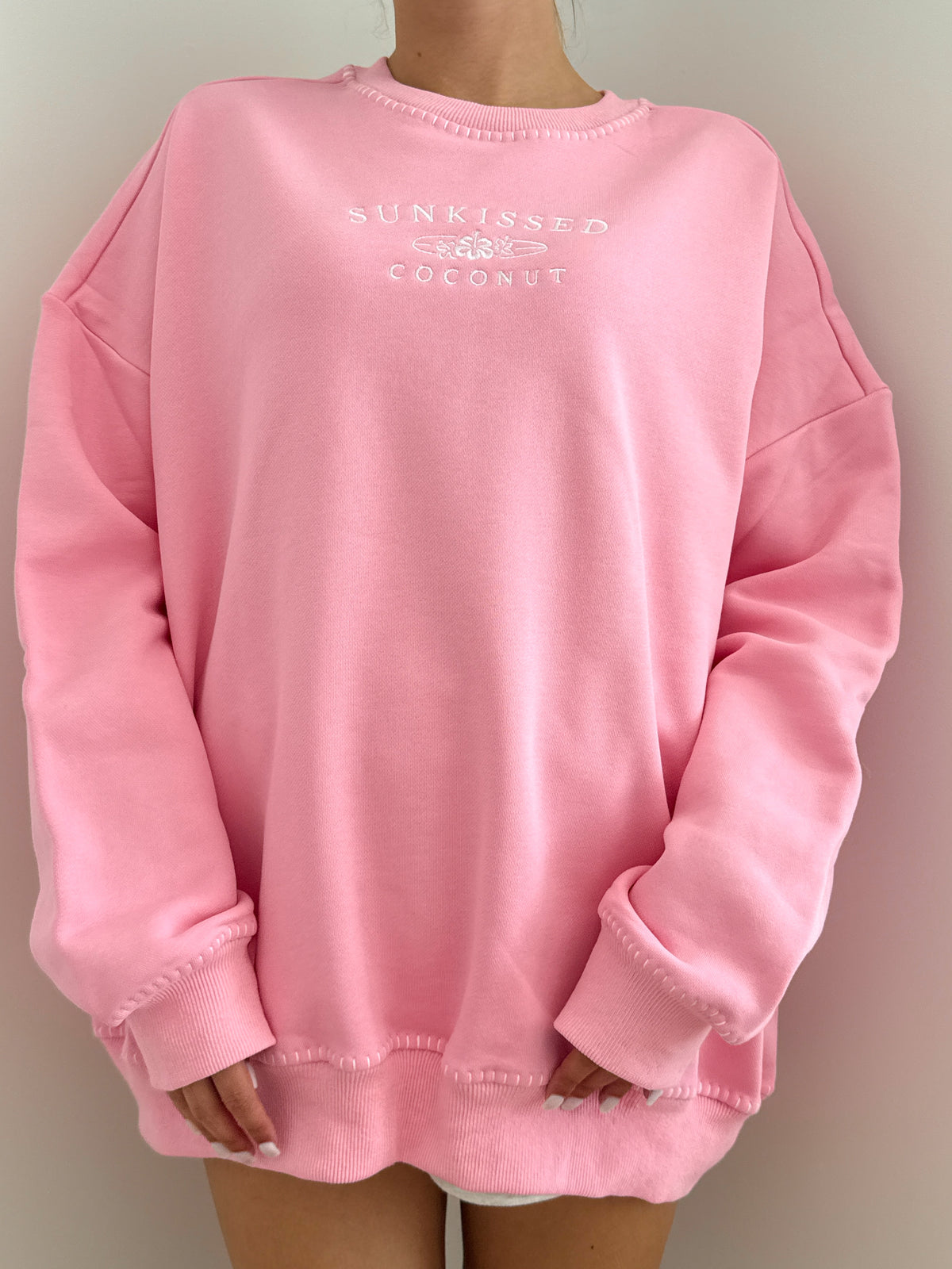 Stitched Sunkissedcoconut Embroidered Oversized Crewneck Sweatshirt 100% Cotton