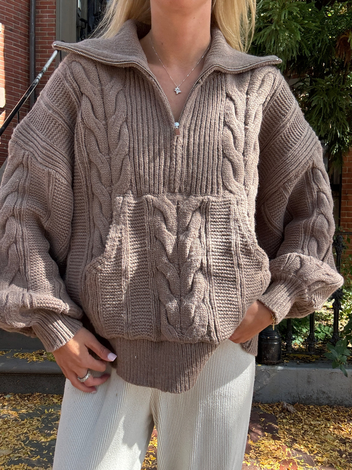 Chunky Chestnut Quarter Zip Sweater