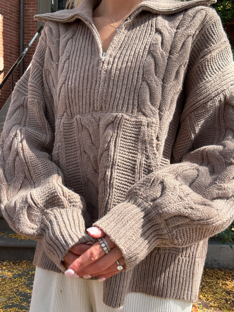 Chunky Chestnut Quarter Zip Sweater