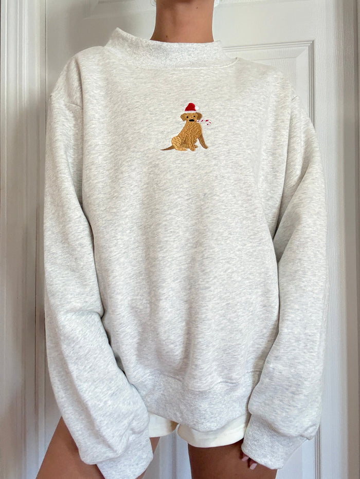 Pearl Grey Christmas Dog Santa Hat Embroidered Mockneck Sweatshirt 100% Cotton