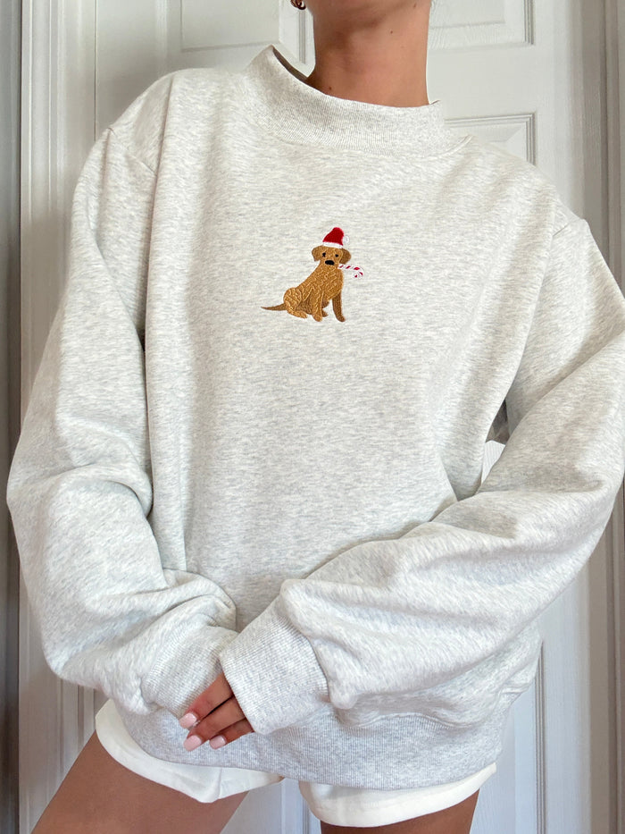 Pearl Grey Christmas Dog Santa Hat Embroidered Mockneck Sweatshirt 100% Cotton