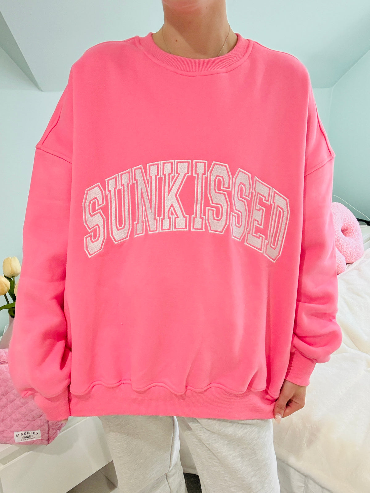 Hibiscus Pink Sunkissed Varsity Embroider Sweatshirt