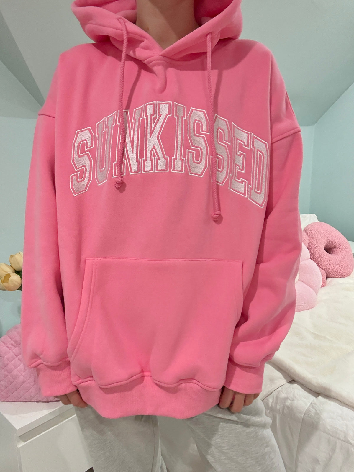 Hibiscus Pink Sunkissed Varsity Embroider Hoodie
